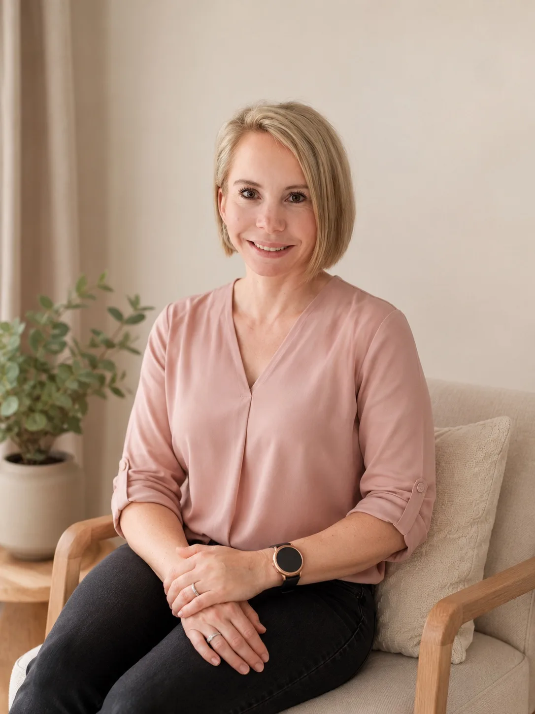 Annika sitzt in einem hellen Raum und blickt der Besucherin ruhig entgegen.